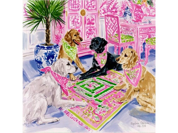 Dogs playing mahjong in preppy chinoiserie interior, signed fine art print by Sophie Clima