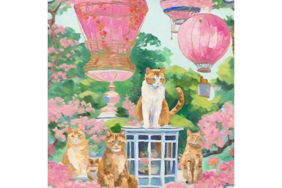 Whimsical Cats Art Print: Pink Hot Air Balloons, Grandmillennial Style