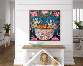 Grandmillennial Art, Monkeys Playing With Fruits Chinoiserie
