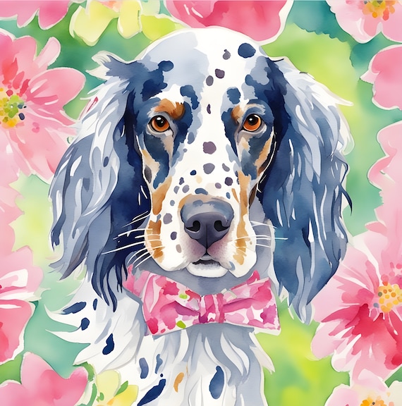 Grandmillennial art, Setter dog watercolor portrait, fine art giclee print
