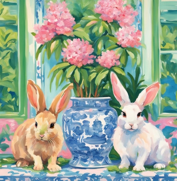 Grandmillennial art, Bunnies and ginger jar, whimsical fine art
