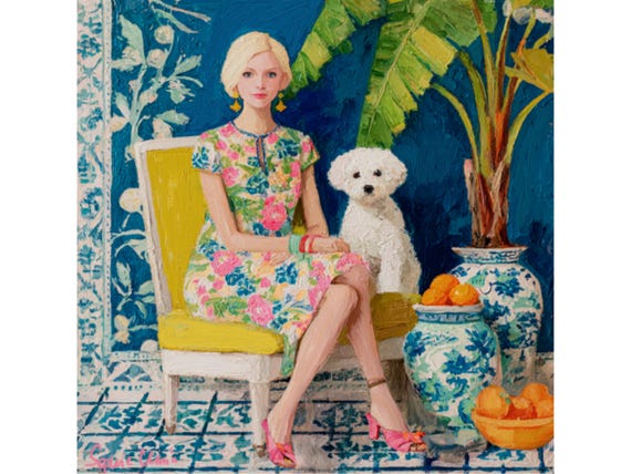 Whimsical Grandmillennial Fine Art: Girl with Bichon Frise - Preppy Southern Coastal Painting