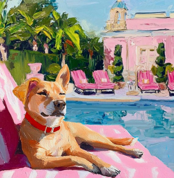 Grandmillennial art, Doggy near the swimming pool, whimsical fine art
