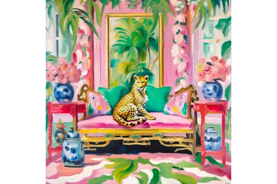 Grandmillennial art, Cheetah and pink flamingo in preppy chinoiserie interior, whimsical watercolor