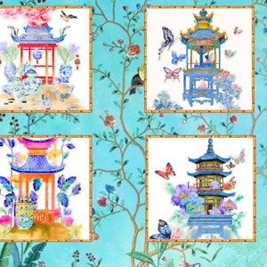 Chinoiserie pagoda prints, set of four, watercolor painting prints by artist Sophie Clima, Ginger Jars Art Prints Set of 4