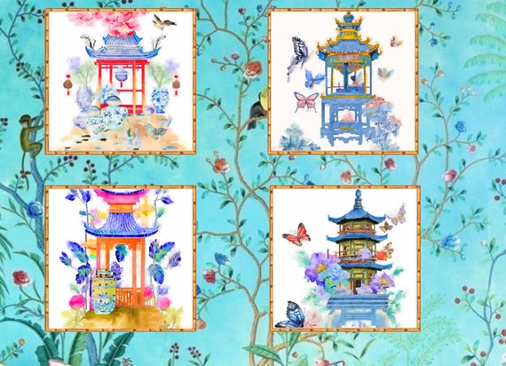 Chinoiserie Pagoda Art Prints: Watercolor Ginger Jars, Set of 4