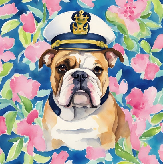 Grandmillennial art, Nautical Bulldog watercolor portrait