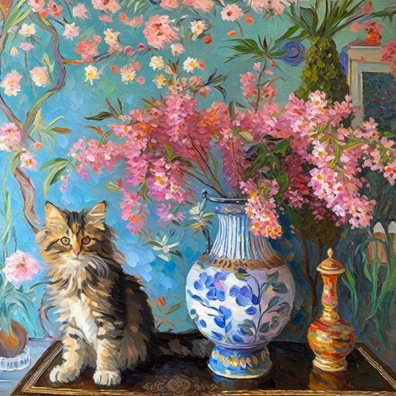 Grandmillennial art, Tabby kitten in chinoiserie room, whimsical fine art