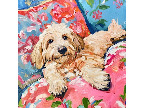 Grandmillennial art, Sleepy Labradoodle, whimsical fine art