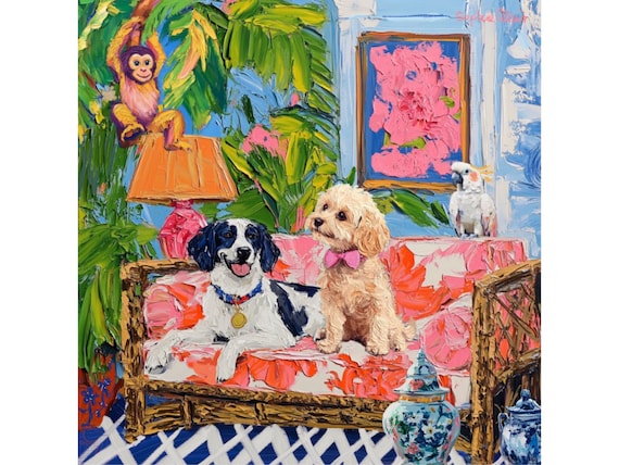 Grandmillennial art,Sunroom in Palm Beach, whimsical fine art