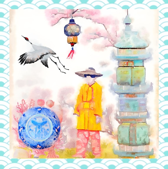 Chinoiserie Crane Watercolor Print: Fantasy Pagodas Landscape (Printable File)