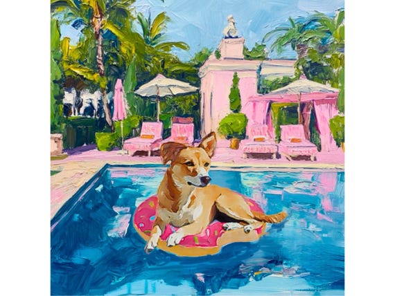 Grandmillennial art, Sweetie at the Swimming Pool, Palm Beach art