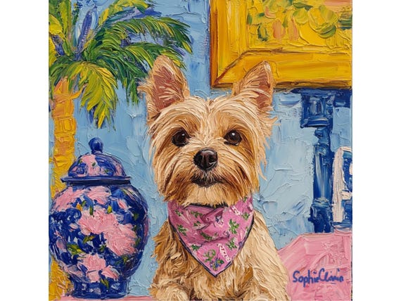 Grandmillennial art, Terrier in Pink Bandana, fine art dog print