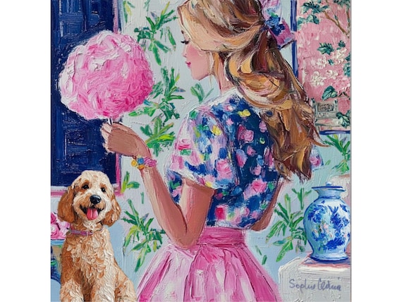 Whimsical Girl and Dog Art Print: Grandmillennial Decor