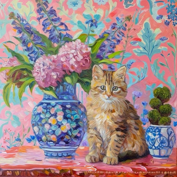 Grandmillennial art, Tabby kitten in chinoiserie room, whimsical fine art