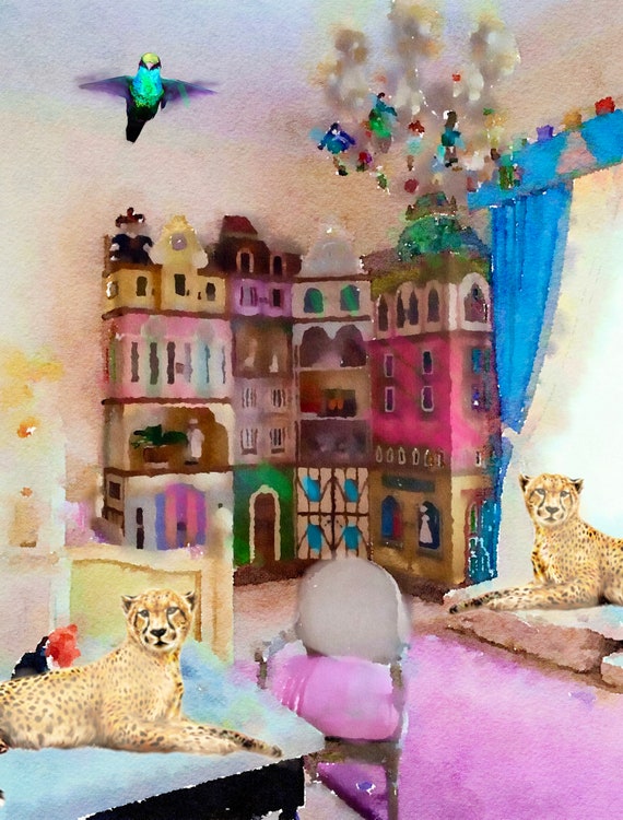 Grandmillennial art, Baby room with doll house watercolor