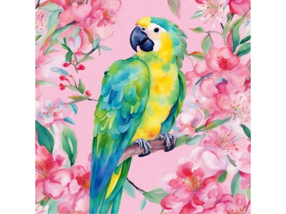 Grandmillennial art, Green Macaw parrot and blooming pink magnolia, whimsical watercolor