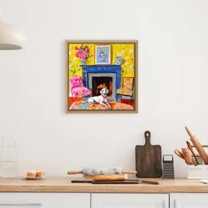 Original watercolor and ink sketch, Lurcher dog in yellow chinoiserie interior, 40x40cm bild 5