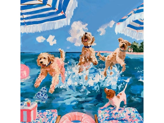 Summertime, dogs playing in the sea, whimsical fine art