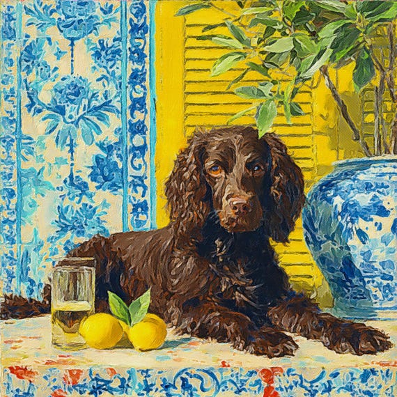 Boykin Spaniel Chinoiserie and Lemons signed Art Print: Grandmillennial Chinoiserie Dog Portrait