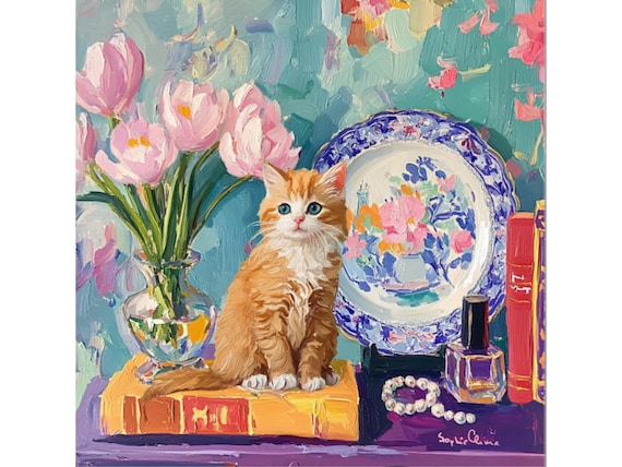 Grandmillennial art, Ginger and the pearls, whimsical cat art