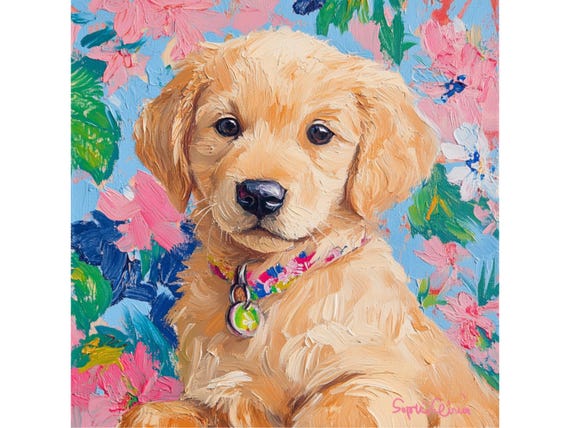 Grandmillennial art, portrait of Golden retriever puppy, whimsical fine art