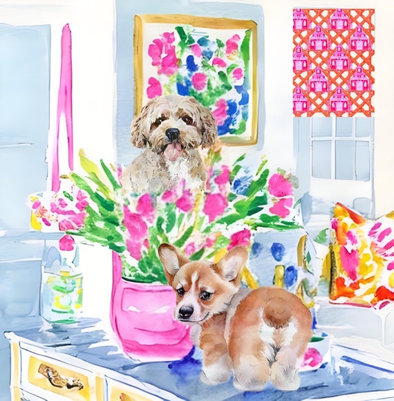 Grandmillennial Dogs and Tulips Art Print: Preppy Chinoiserie (Digital Download)
