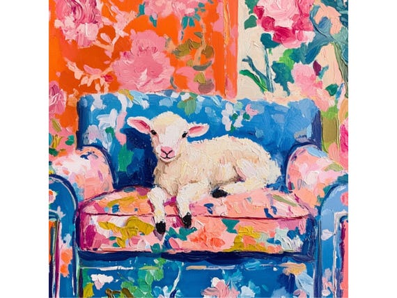 Grandmillennial art, Sheepy on the blue sofa, whimsical fine art