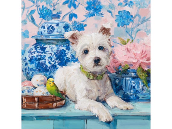 Terrier and Budgie Giclee Print, Whimsical Dog Art