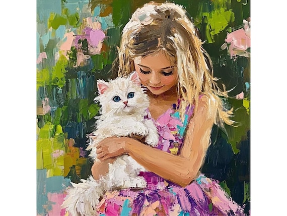 Grandmillennial art, Girl with a white kitten, whimsical fine art