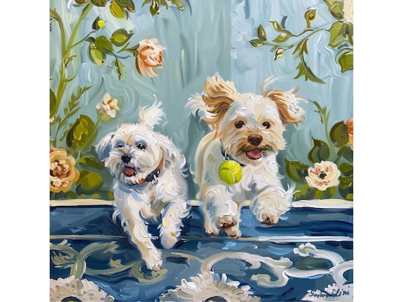 Grandmillennial art, Terriers chasing tennis ball in chinoiserie interior, oil painting