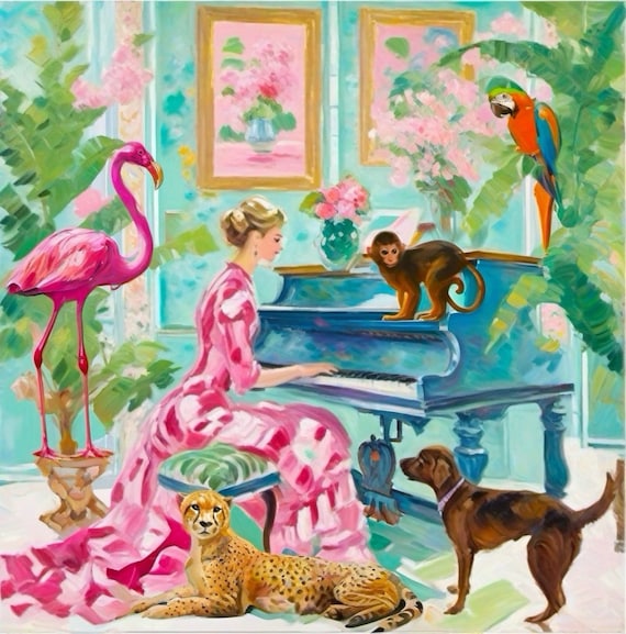 Grandmillennial Art Print: Whimsical Animals, Woman at Piano