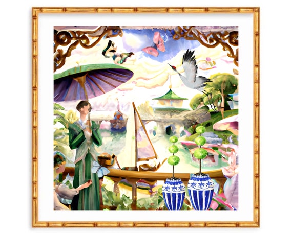 Chinoiserie Watercolor Art Print: Preppy Fantasy Decor