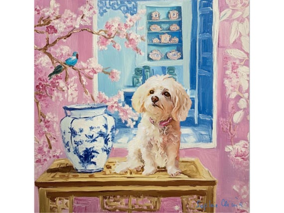 Bluebird Song Art Print: Preppy Chinoiserie Dog, Grandmillennial Decor