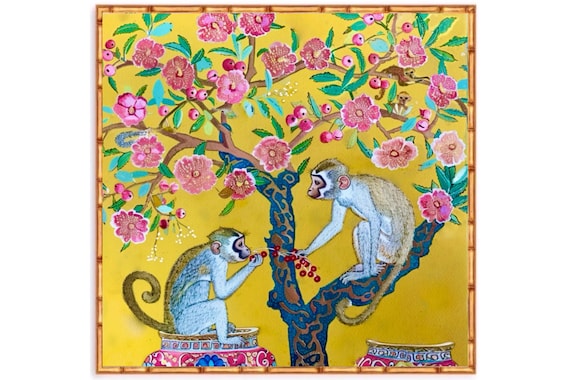 Grandmillennial art, Monkeys picking berries chinoiserie wall art