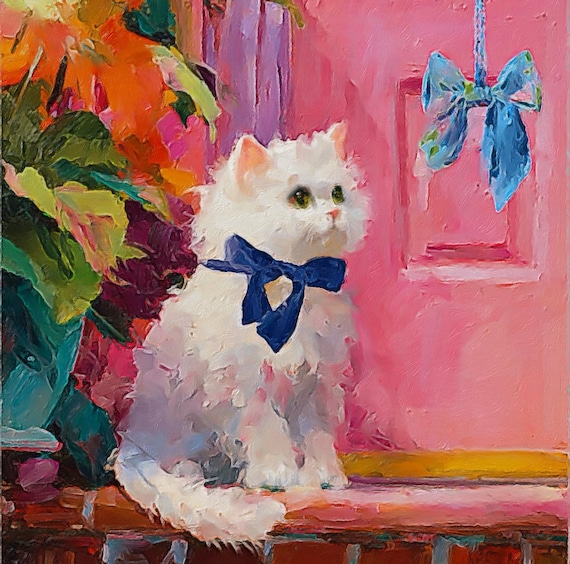 Grandmillennial art, A New Toy, preppy kitten signed fine art print