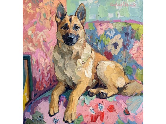 Grandmillennial art, portrait of German Shepherd, whimsical painting