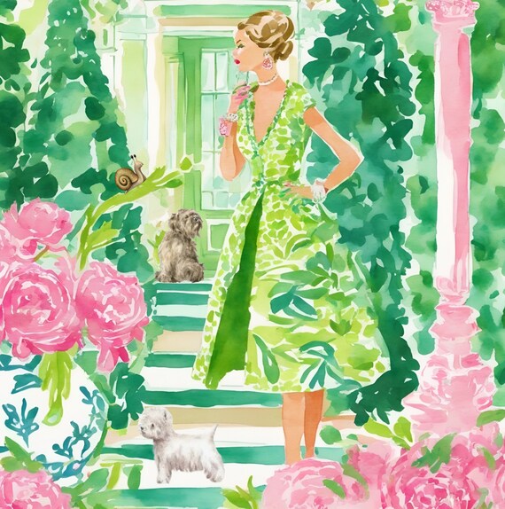 Grandmillennial Art Print: Chinoiserie Chic Garden Scene