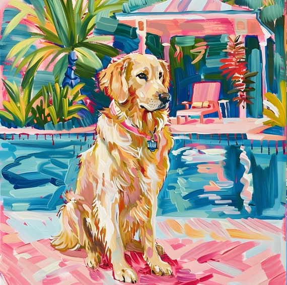 Grandmillennial art, Golden Retriever at the swimming pool, whimsical fine art