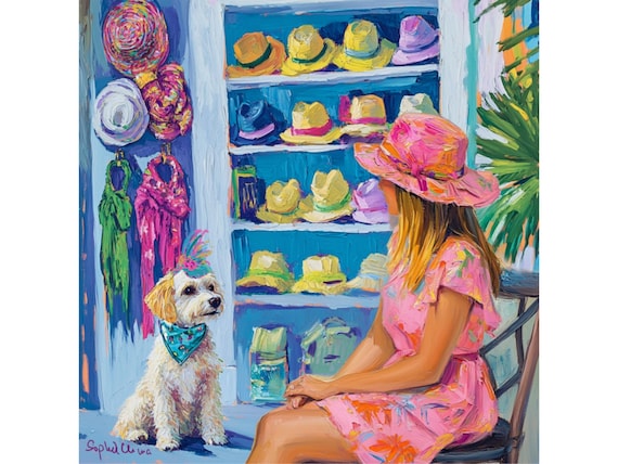 Whimsical Dog Art Print: Colorful Hats, Grandmillennial Decor