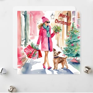 Tarjeta navideña navideña: niña y su perro haciendo compras navideñas