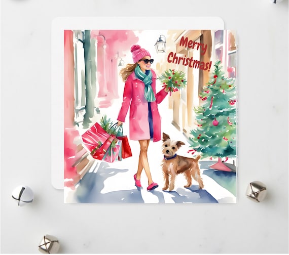 Holiday Christmas card: girl and her dog doing Christmas shopping
