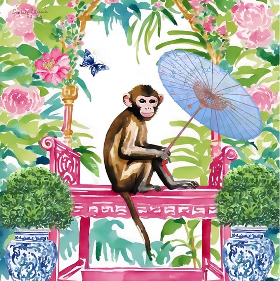 Grandmillennial Art, Monkey in Chinoiserie Garden Art Print - Etsy