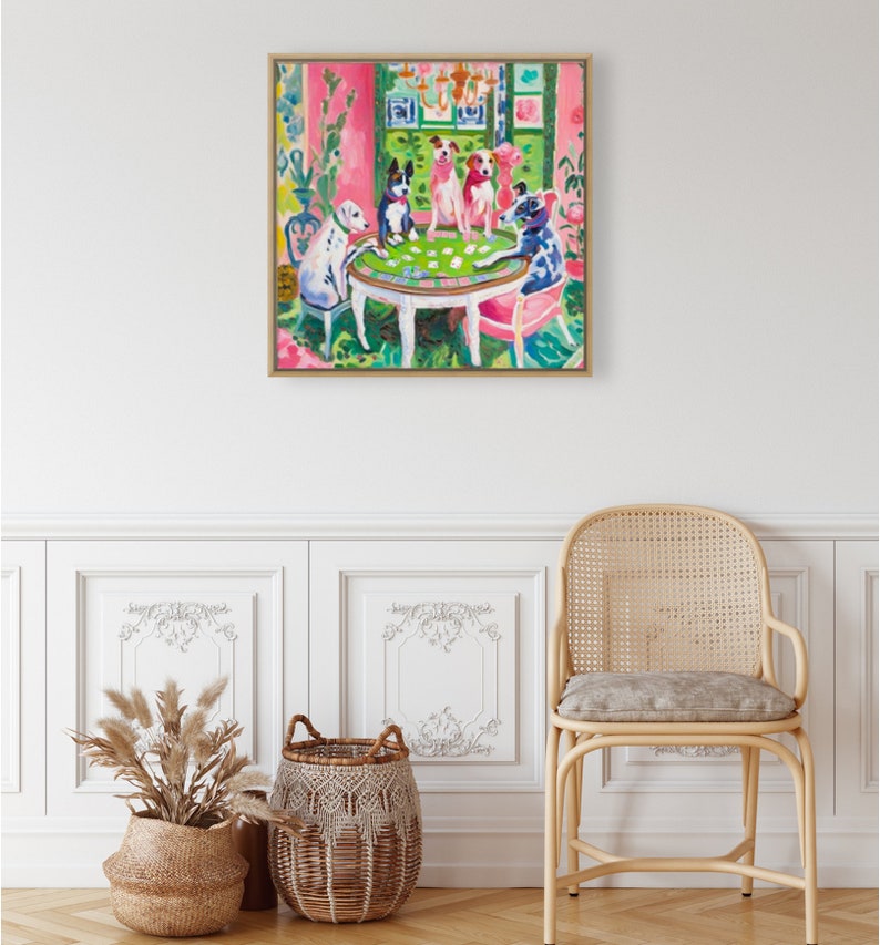 May include: A painting of four dogs playing cards at a table in a pink room. The dogs are wearing collars and are sitting on chairs. The table is white with a green felt top. There are cards on the table and a vase of flowers in the background.