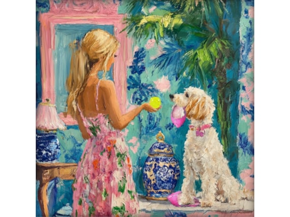 Grandmillennial art, A Fair Deal, preppy whimsical dog oil painting