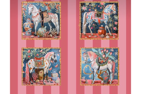 Chinoiserie Horses Art Prints: Grey & Coral Watercolor Set