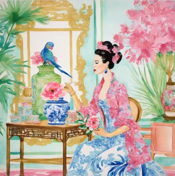 Grandmillennial art,Flower arrangement, whimsical chinoiserie giclee print