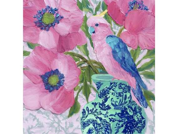 Pink Cockatoo Chinoiserie Art Print, Grandmillennial Floral Home Decor