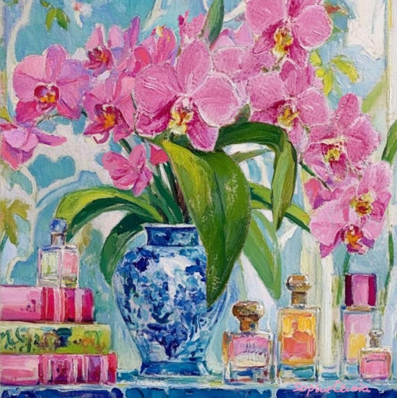 Orchids in chinoiserie jar, grandmillennial art, still life oil painting