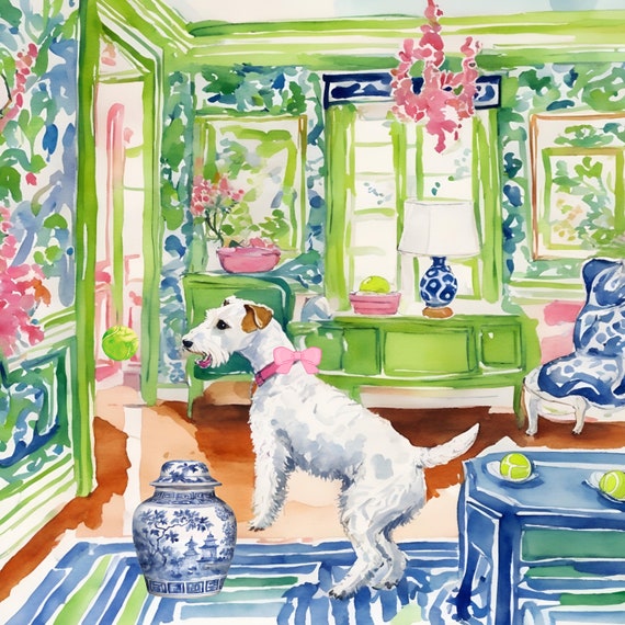 Terrier chasing a tennis ball in chinoiserie interior